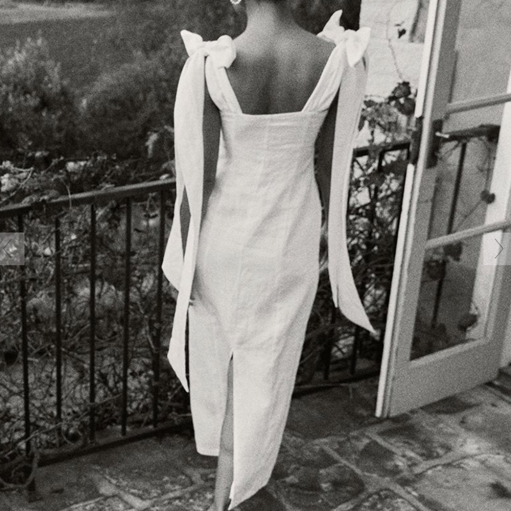 AISLE WHITE LINEN BOW MIDI DRESS
